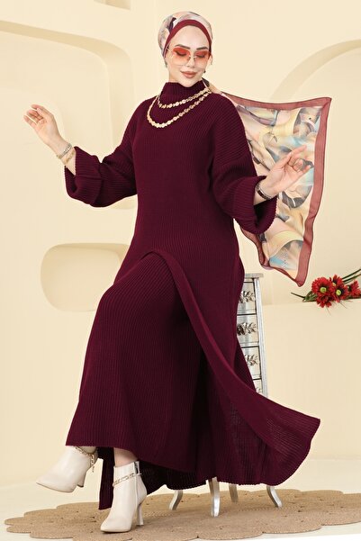 ModaMerve Önden Yırtmaçlı Etekli Takım 7081HBS856-MS Bordo