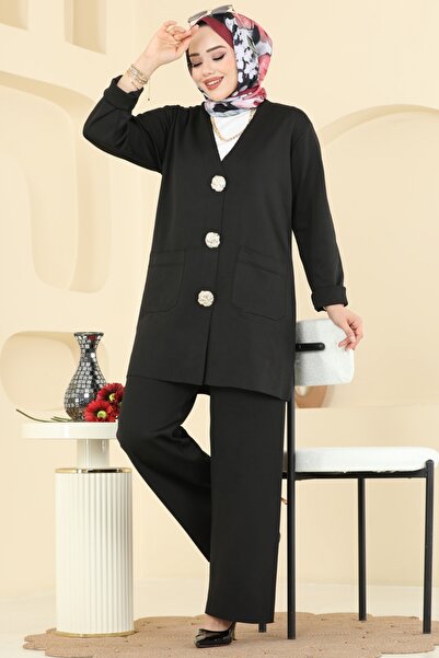 ModaMerve Düğme Detaylı Merserize Takım 12611KL398-MS Siyah