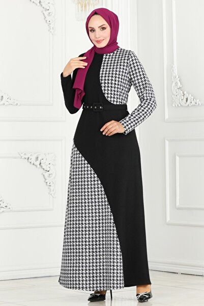 ModaMerve Kazayağı Desenli Tivit Elbise 3023KTR750-MS Ekru