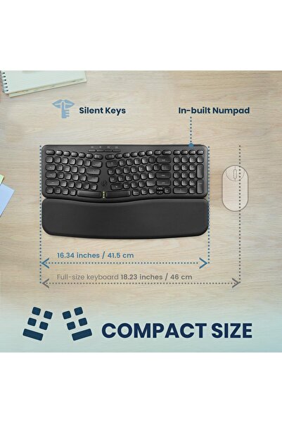 Perixx PERIBOARD-636B Wireless Ergonomic Compact Keyboard with Number Pad - Black