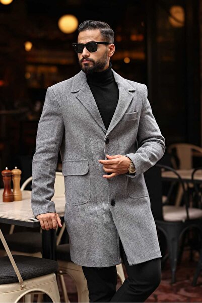 Endap Men's Patterned Gray Regular Fit Cashmere Coat with Flap Pocket Detail