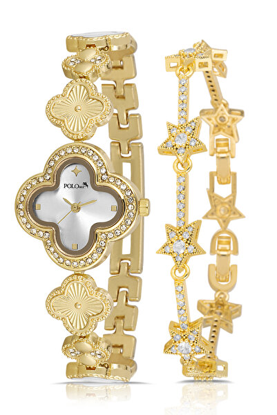Polo Air ساعة يد نسائية منقوشة على شكل نجمة من يونكا، مجموعة أساور ذهبية اللو...