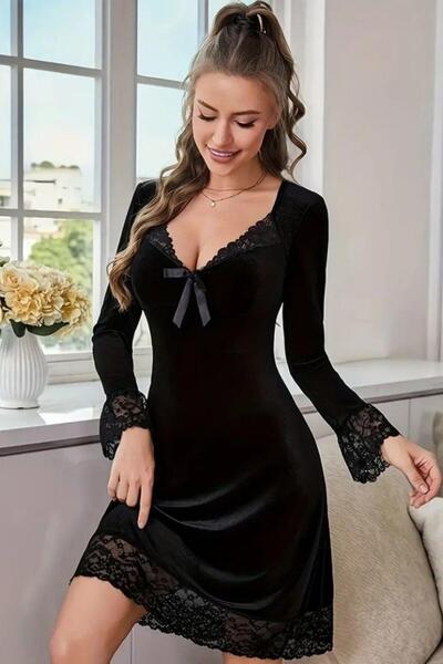 Mossta V-Neck Lace Detailed Mini Velvet Dress - Black