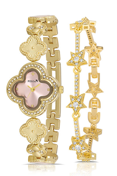 Polo Air ساعة يد نسائية منقوشة على شكل نجمة من يونكا، مجموعة أساور ذهبية اللو...