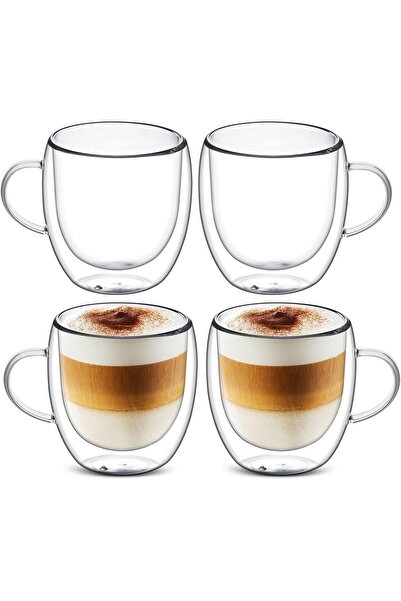 Alcoach 4-Piece Double-Wall Glass Coffee Cups with Handles, 350 ml