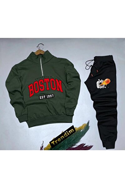 NewCabin Boston Printed Zippered Sweat & Flaming Basketball Patterned Jogger ...