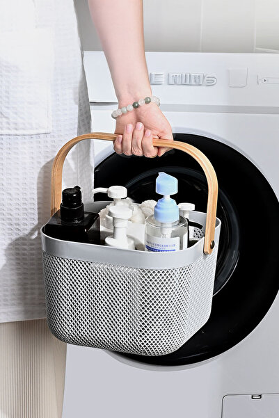 Vadi White Wooden Handle Square Metal Wire Basket Organizer Modern Decorative Presentation & Fruit Bowl