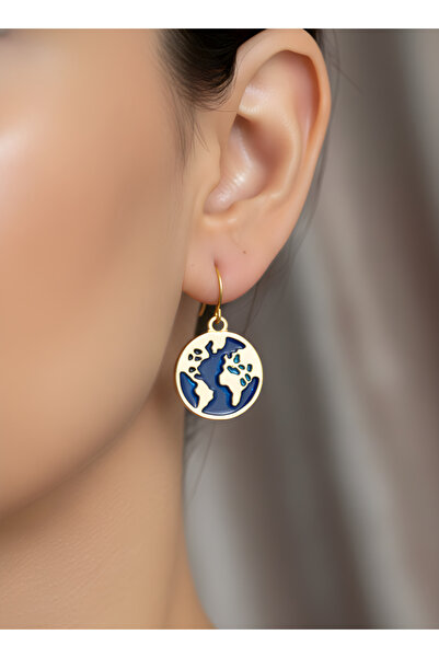 TURBİJ أقراط نسائية ممتعة على شكل خريطة العالم باللون الأزرق وتفاصيل ذهبية اللون