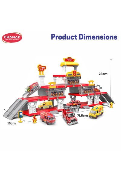 Chanak Fire Department 4 In 1 Parking Building Playset For Kids Multi Level Fire Station With Sliding Ramps