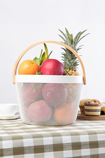 Vadi White Wooden Handle Round Metal Wire Basket Organizer Modern Decorative Presentation & Fruit Bowl