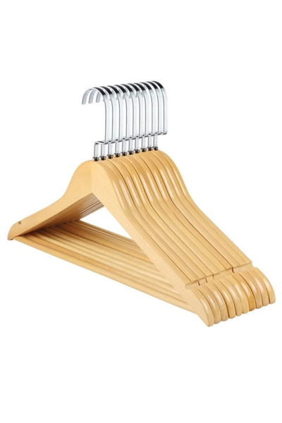 Askı Sepeti Ahşap Elbise Askısı Vernikli, Cilalı Kıyafet Askısı, Pantolon ve Bluz Askısı 10 adet 43 cm