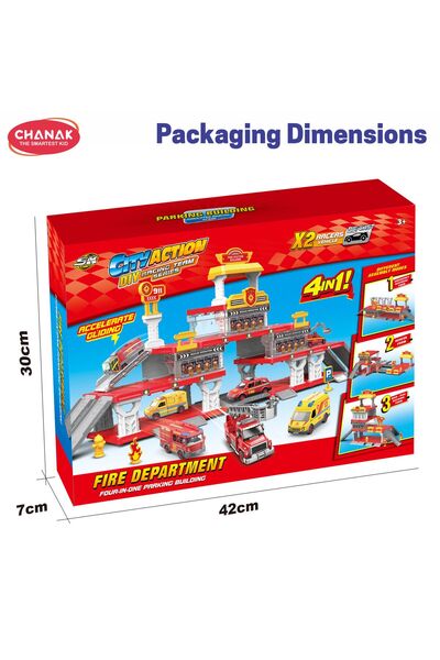 Chanak Fire Department 4 In 1 Parking Building Playset For Kids Multi Level Fire Station With Sliding Ramps