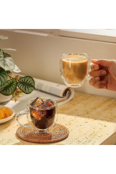 Alcoach 4-Piece Double-Wall Glass Coffee Cups with Handles, 350 ml