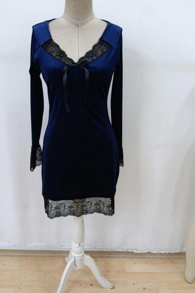 Mossta V-Neck Lace Detailed Mini Velvet Dress - Navy Blue