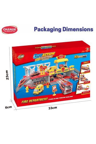 Chanak Fire Department 3-In-1 Parking Building Playset For Kids Multi Level Fire Station With Sliding Ramp