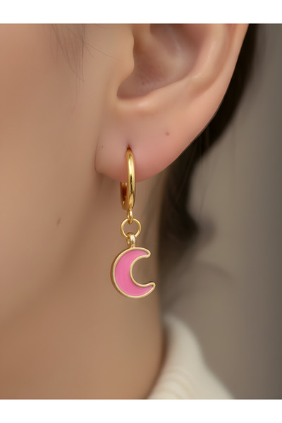 TURBİJ أقراط نسائية بسيطة ذات مظهر ذهبي بإطار ذهبي على شكل قمر وردي