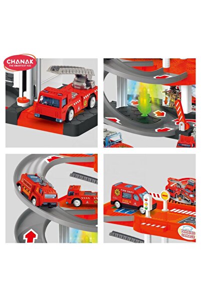 Chanak Fire Rescue Parking Garage Playset for Kids 3 Layer Sliding Track with Lights & Sound