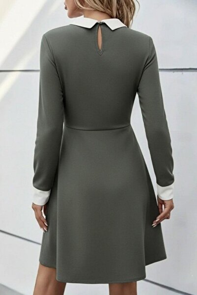 Mossta Buttoned Collar and Sleeve Detailed Short Modal Dress - Green