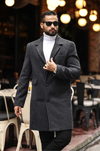 Endap Men's Patterned Anthracite Regular Fit Cashmere Coat with Flap Pocket D...