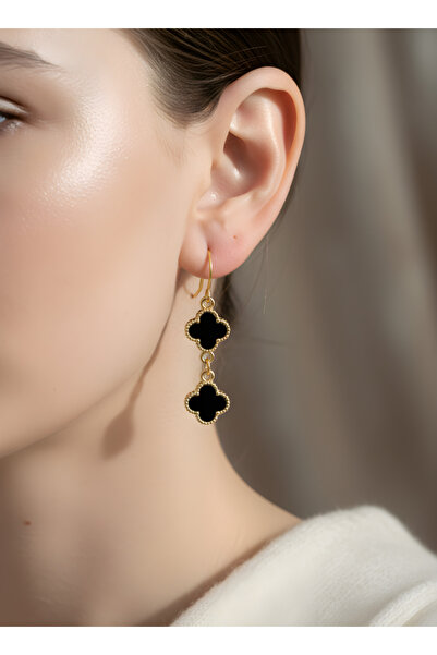 TURBİJ Siyah Yonca İkili Zincir Detay Altın Renk Şık Kadın Küpe