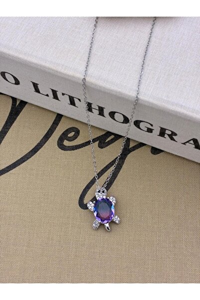 Hedef Bijuteri Steel Silver Color Zircon Stone Purple Turtle Model Necklace