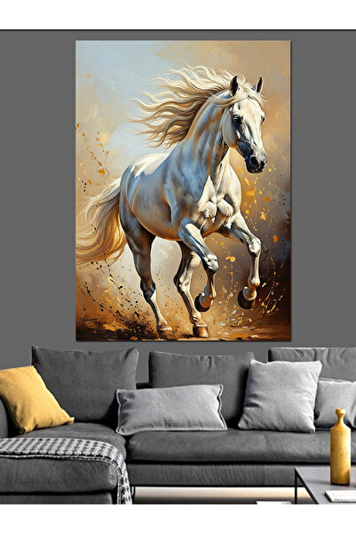 Tablo Mega Koşan Beyaz At Vahşi Yaşam Dekoratif Kanvas - Mdf Ahşap Tablo