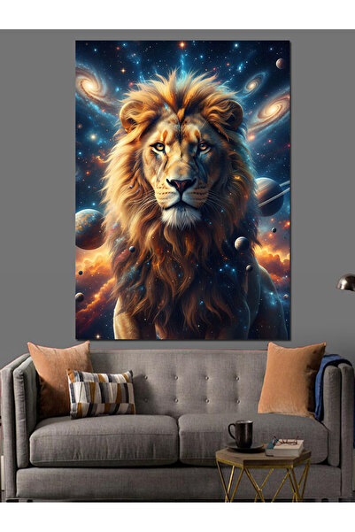 karizmart Kırmızı Mavi Işıklı Aslan Dekoratif Kanvas - Mdf Ahşap Tablo