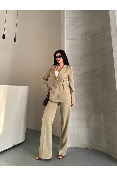 Moda İkra Blazer Jacket Wide-Leg Pants Suit and Tied at the Waist with a Thin Belt in the Color,