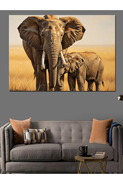KanvasSepeti Bunica și puiul elefant Pictură în ulei de înaltă calitate d tex...