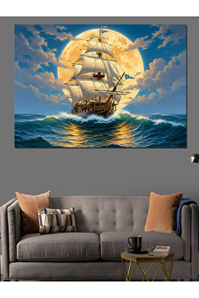KanvasSepeti Navigând cu barca în luna plină Pictură în ulei de înaltă calita...