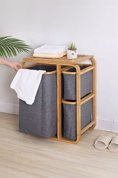 Bayev Bambu Gri 3 Bez Sepetli Raflı Organizer 700771 - Çamaşır Sepeti Oyuncak...