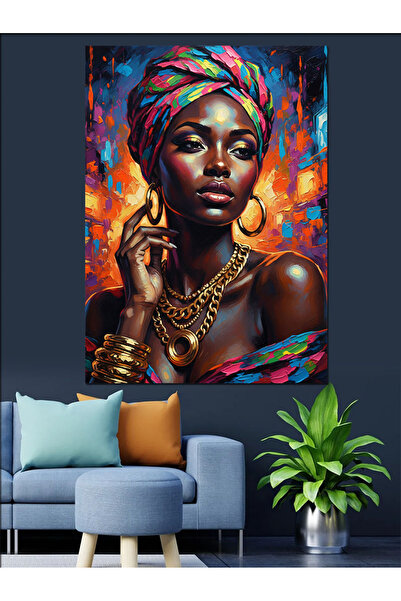 Tablo Mega Altın Küpeli Afrikalı Kadın Dekoratif Kanvas - Mdf Ahşap Tablo