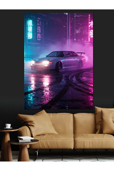 Artmeg Neon Işıklı Hızlı Araba Dekoratif Kanvas - Mdf Ahşap Tablo
