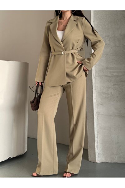 Moda İkra Blazer Jacket Wide-Leg Pants Suit and Tied at the Waist with a Thin Belt in the Color,
