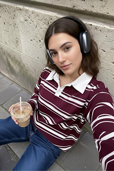 GALAVİP Women's Buttoned Polo Neck Striped Oversized Knitwear Sweater