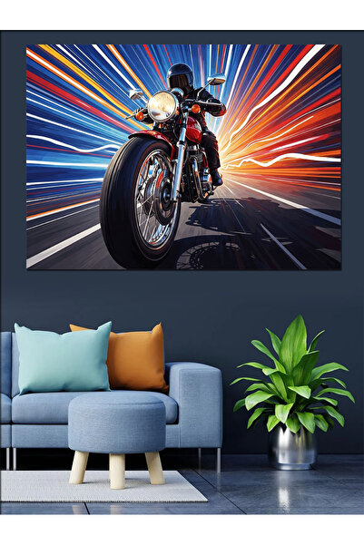 KanvasSepeti Мотоциклист, каращ с висока скорост по пътя Маслена боя с тексту...