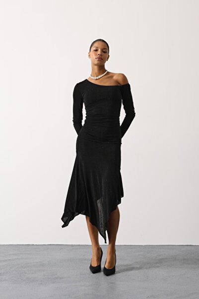 cemo Women's One-Shoulder Glitter Knit Dress with Asymmetrical Hem