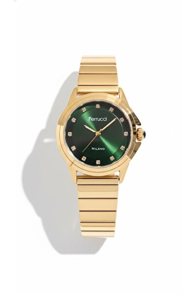 Ferrucci ساعة يد نسائية ذهبية اللون، مينا أخضر - سوار معدني أنيق، ضمان لمدة س...