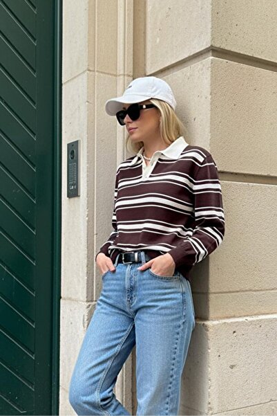 GALAVİP Women's Buttoned Polo Neck Striped Oversized Knitwear Sweater