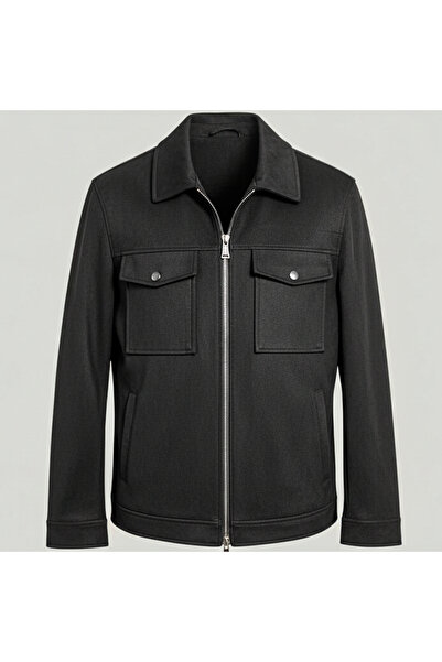 MASERTO Black Shirt Collar Double Pocket Zippered Cashmere Textured Transitio...