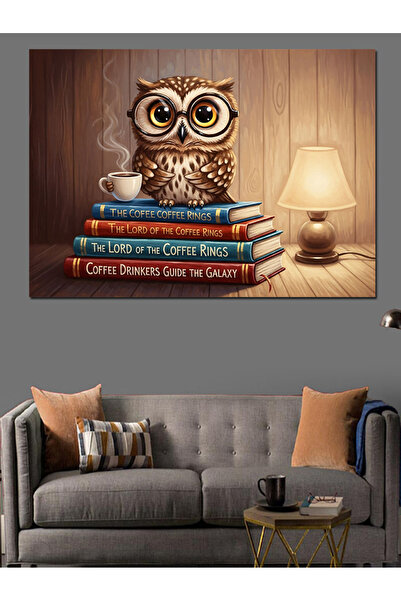 karizmart Kitaplar Üstünde Oturan Baykuş Dekoratif Kanvas - Mdf Ahşap Tablo