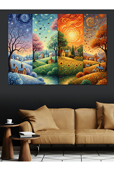 Artmeg Renkli Dört Mevsim Manzarası Dekoratif Kanvas - Mdf Ahşap Tablo