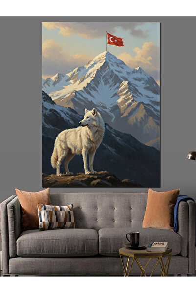Artmeg Karlı Dağlar Bayrak Ve Beyaz Kurt Dekoratif Kanvas - Mdf Ahşap Tablo