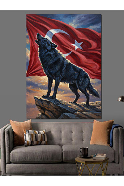 KanvasSepeti Turkish Flag Wolf Υψηλής ποιότητας ελαιογραφία Με υφή Καμβάς ζωγ...