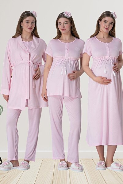 Genel Markalar Pembe Çizgili Sabahlıklı Gecelik Pijama Lohusa Set