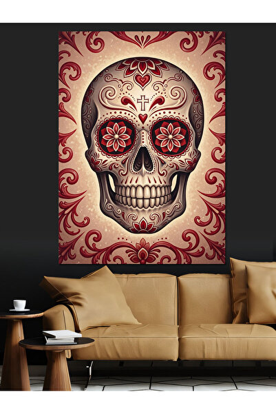 KanvasSepeti Craniu cu flori Pictură în ulei de înaltă calitate texturat Pânz...