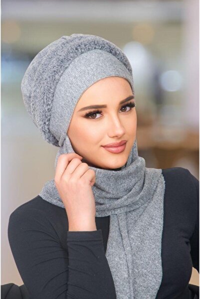 Aişe tesettür Gray Fur Detailed Scarf Bonnet