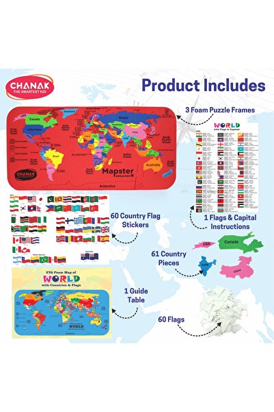 Chanak Mapster World Map Puzzle for Kids | 61 Foam Countries, Flags & Stickers, Educational Toy