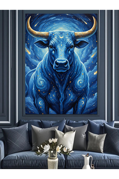 Tablo Mega Mavi Boynuzlu Boğa Portresi Dekoratif Kanvas - Mdf Ahşap Tablo
