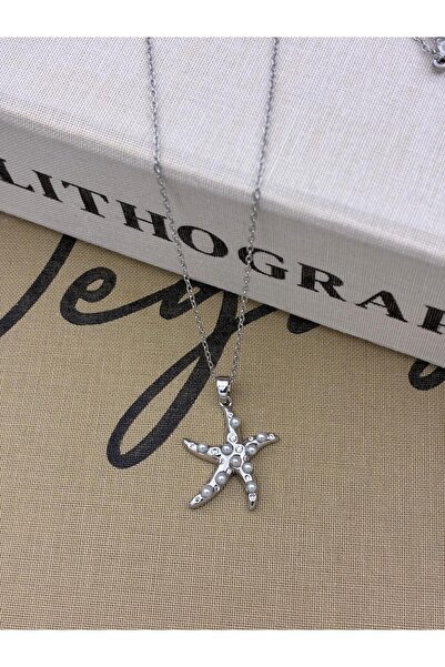 Hedef Bijuteri Steel Silver Color Pearl Starfish Model Necklace